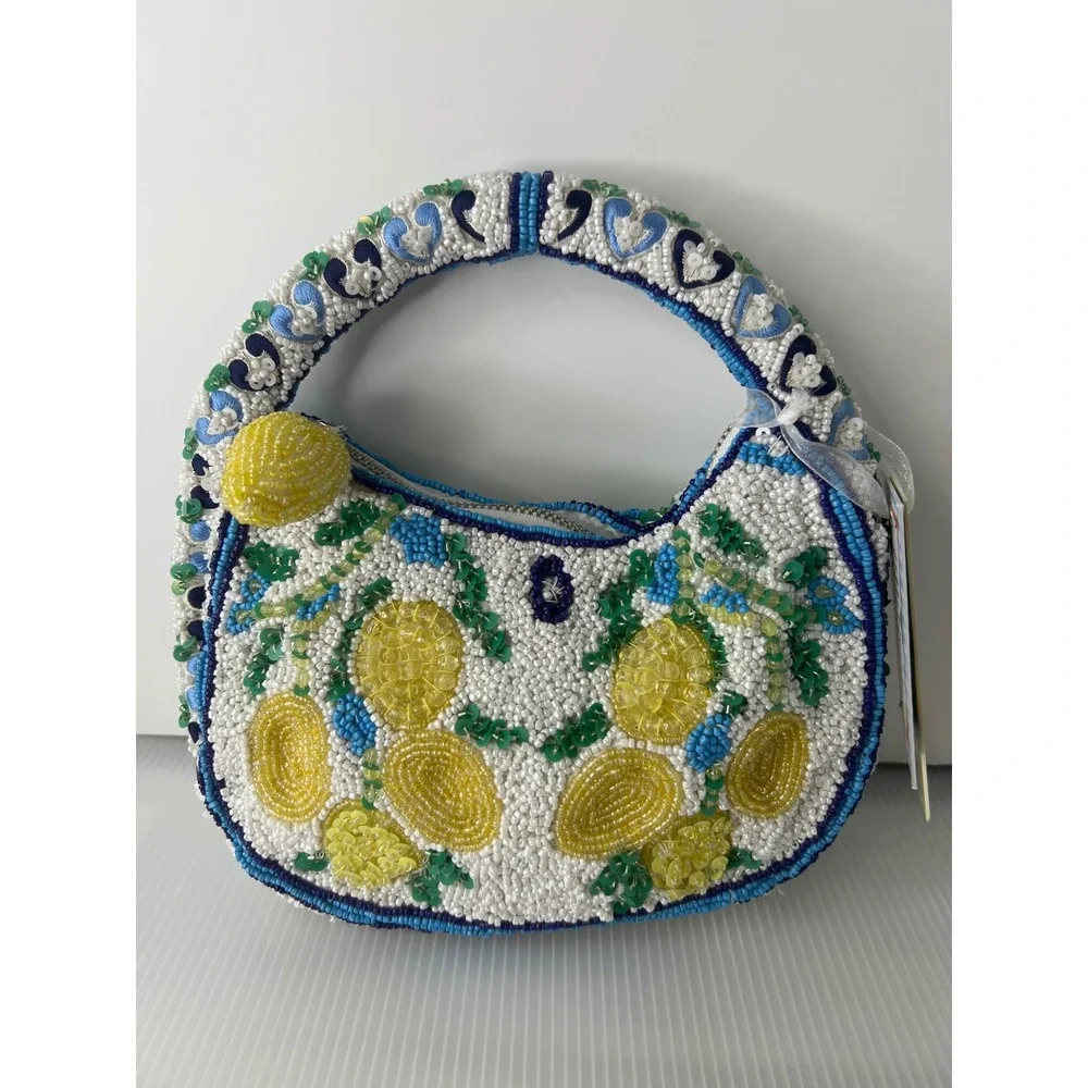 Handcrafted Beaded Lemon Mini Bag White Blue Yellow Citrus Fruit Hobo Handbag